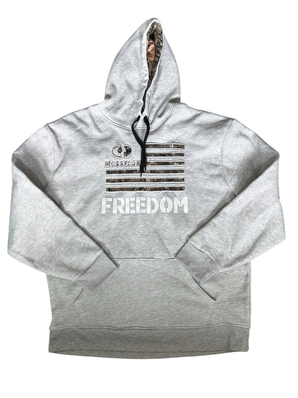 Mossy Oak Freedom Camo Flag Hoodie XL Gray Pullover Hunting Outdoor F29